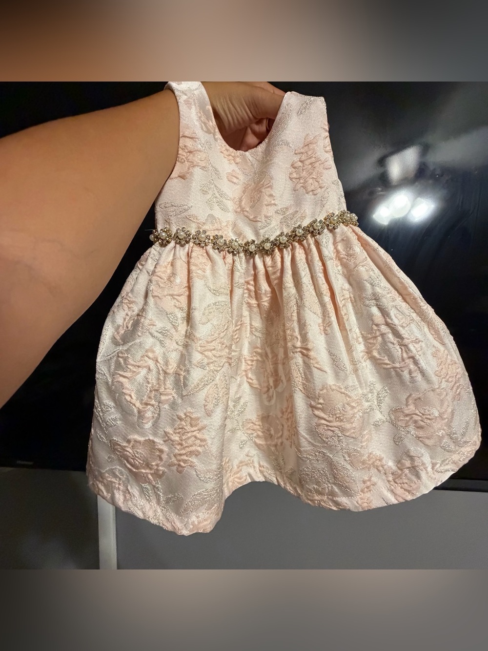American Princess Blush Pink Floral Jacquard Dress with Beaded Waistband